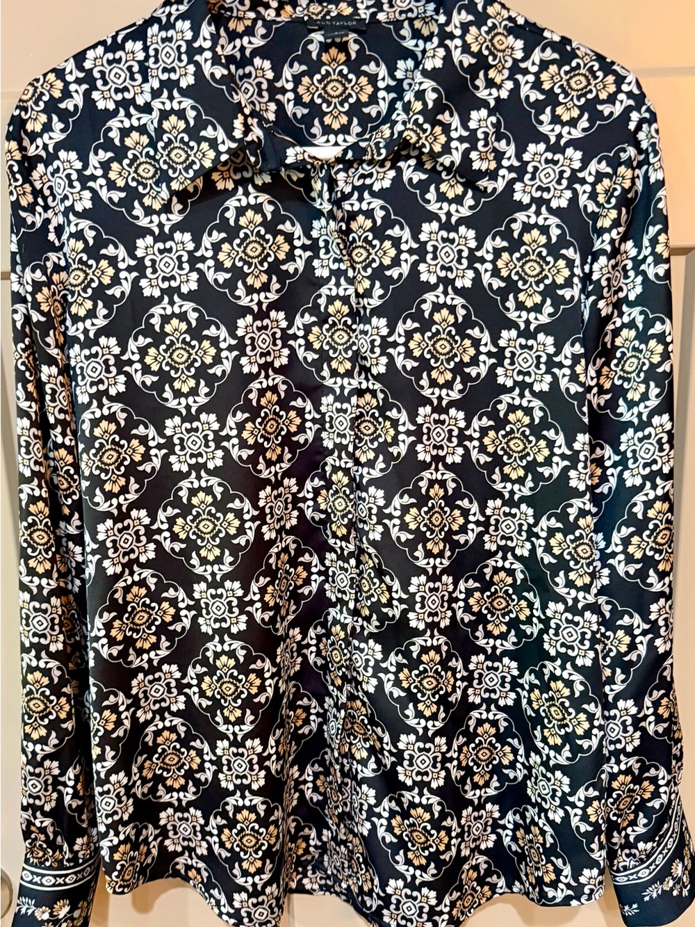 Ann Taylor Black Button Up Shirt with White and Cream Medallion Print